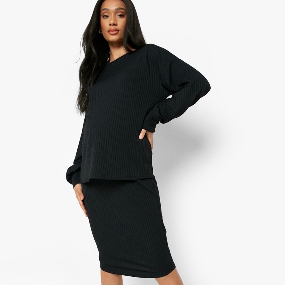 Boohoo Maternity Knitted Rib Midi Skirt Co-Ord Set